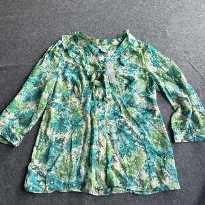 WD·NY Women's Floral Ruffle  Button  Blouse Size 12 Y2K